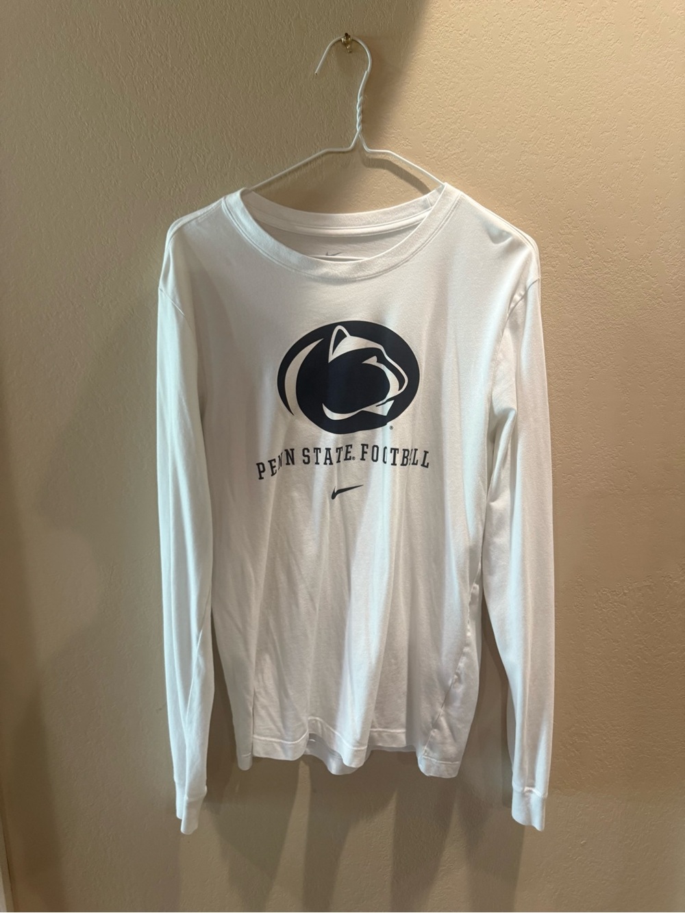 Nike White Long-Sleeve Penn State Football Tee with Navy Logo